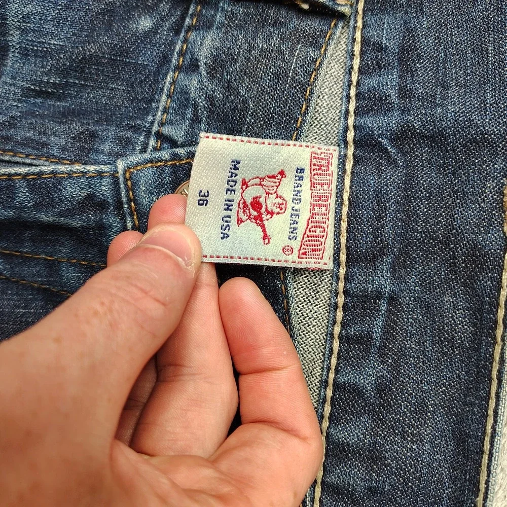 True Religion Bobby Jeans Mens 36x35 Blue Straight Leg Faded Distressed USA Made